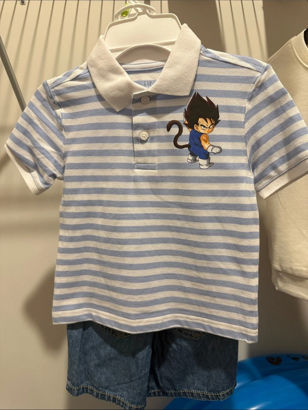 GAP Light Blue & White Striped Polo with Cartoon Appliqué
